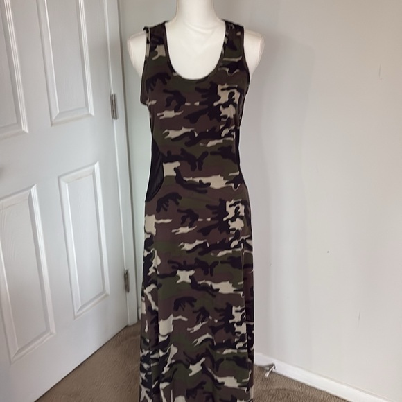 Pat Rego Camo Maxi Dress Size Large Made in USA Stretch Sleeveless - Picture 4 of 13